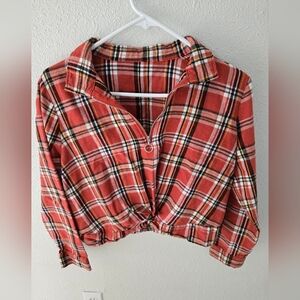 Orange Plaid Flannel Pullover Shirt for Women